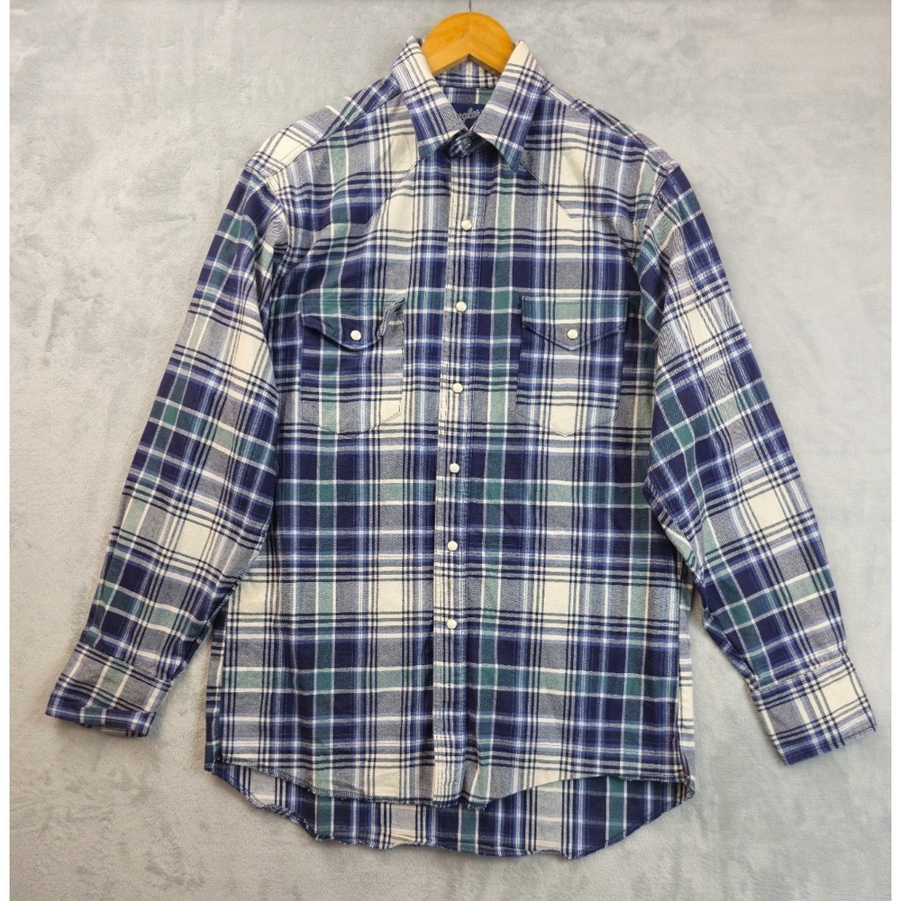Vintage Wrangler Pearl Snap Western Shirt Men Medium Blue Green Plaid Flannel